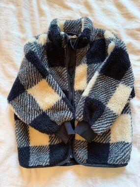 MinyMo Kids Plaid Sherpa Puffer Jacket in Navy & Cream